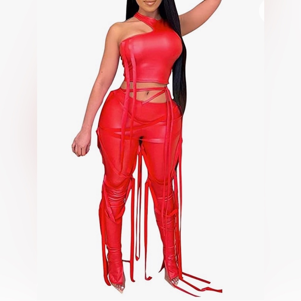 Red faux leather two piece set